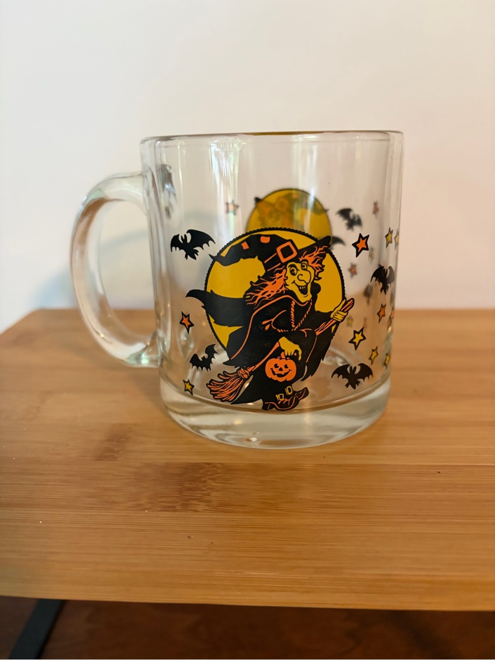 Vintage Halloween Witch Glass Mug Clear w Orange & Black. Made in USA. MCM